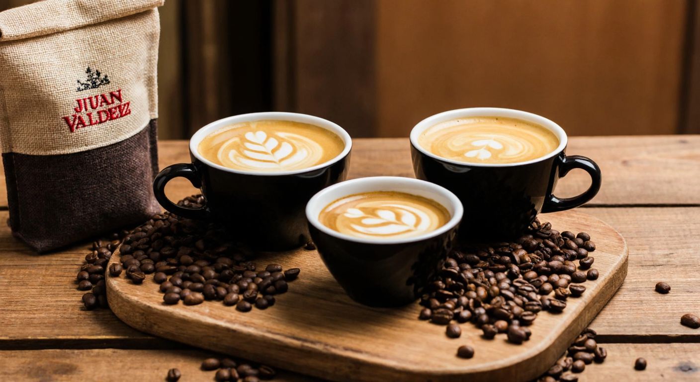 A rustic wooden table in a cozy café setting holds three small cups of freshly brewed Colombian coffee, each with distinct aromas rising in delicate swirls, surrounded by scattered coffee beans and a traditional woven bag with the Juan Valdez logo subtly embroidered.