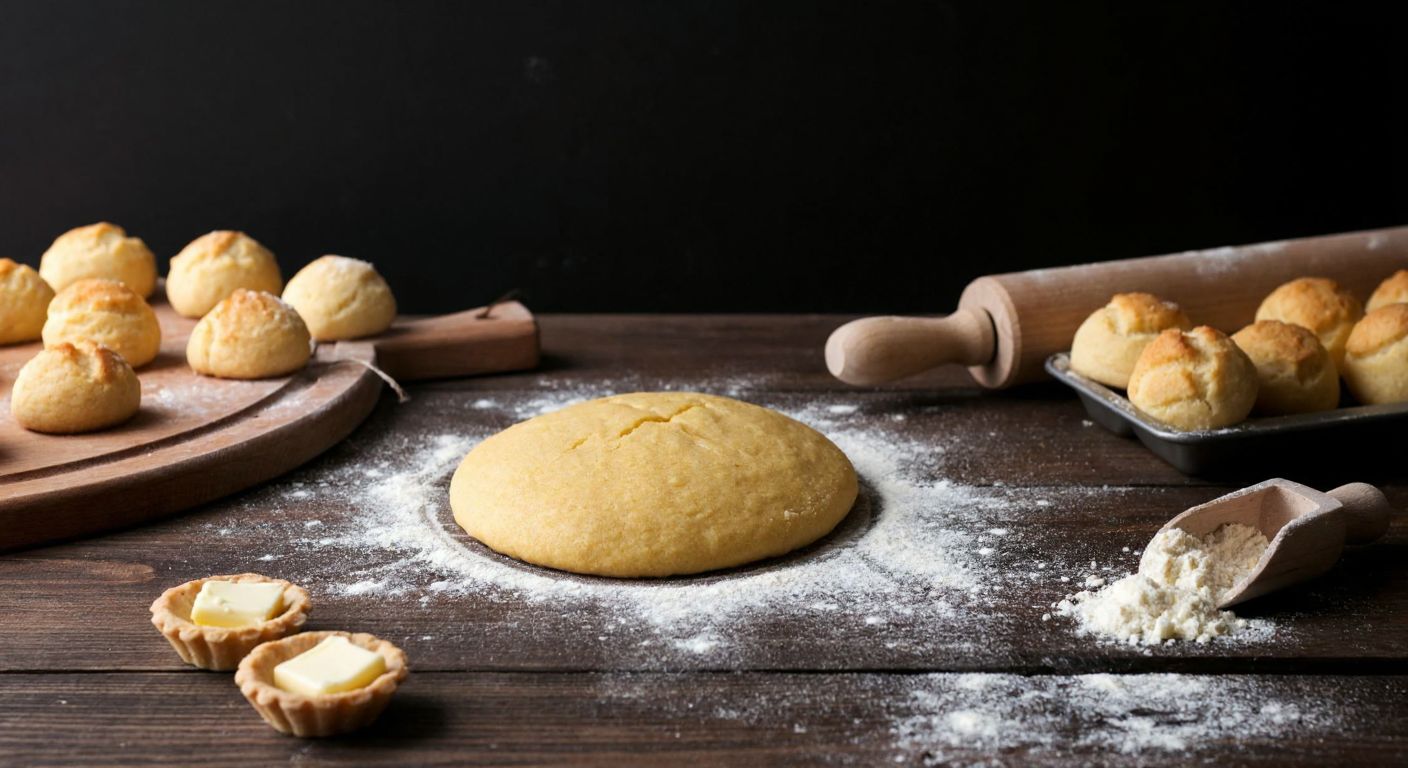 A rustic wooden table in a Turkish kitchen, scattered with flour, a rolling pin, and small chunks of butter being kneaded into golden dough, surrounded by freshly baked kurabiyeler and tart shells.
