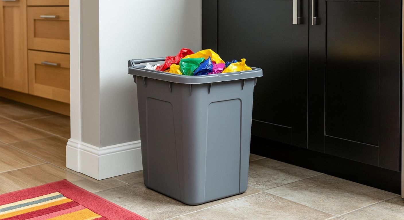 A sturdy gray plastic trash bin with a telescopic rail sits on a tiled kitchen floor, filled to the brim with colorful household waste, conveying durability and capacity.