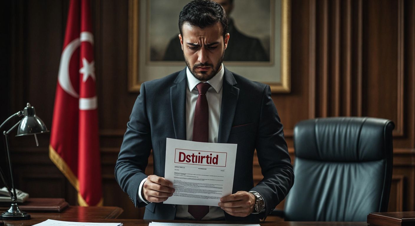 A frustrated Turkish businessman in a formal suit stands in a dimly lit notary office, holding an unsigned expense document with a red "INVALID" stamp looming over it.