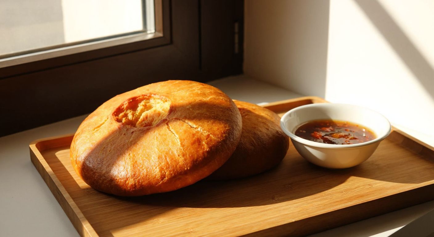 A golden-brown, round Maraş çöreği with a cracked crust sits on a wooden tray beside a small bowl of pekmez, with warm sunlight streaming through a window onto a traditional Turkish breakfast spread.