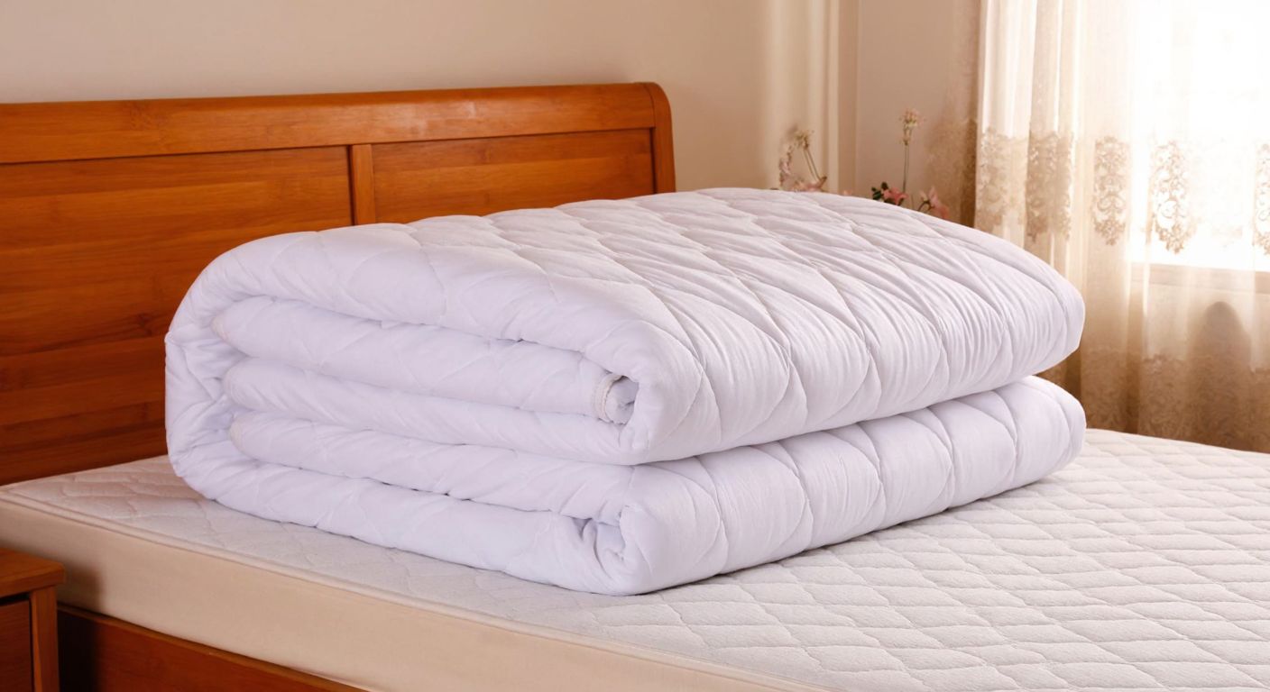A neatly folded, thick white mattress protector with five distinct layers, placed on a wooden bed frame in a cozy Turkish bedroom with soft morning light streaming through lace curtains.