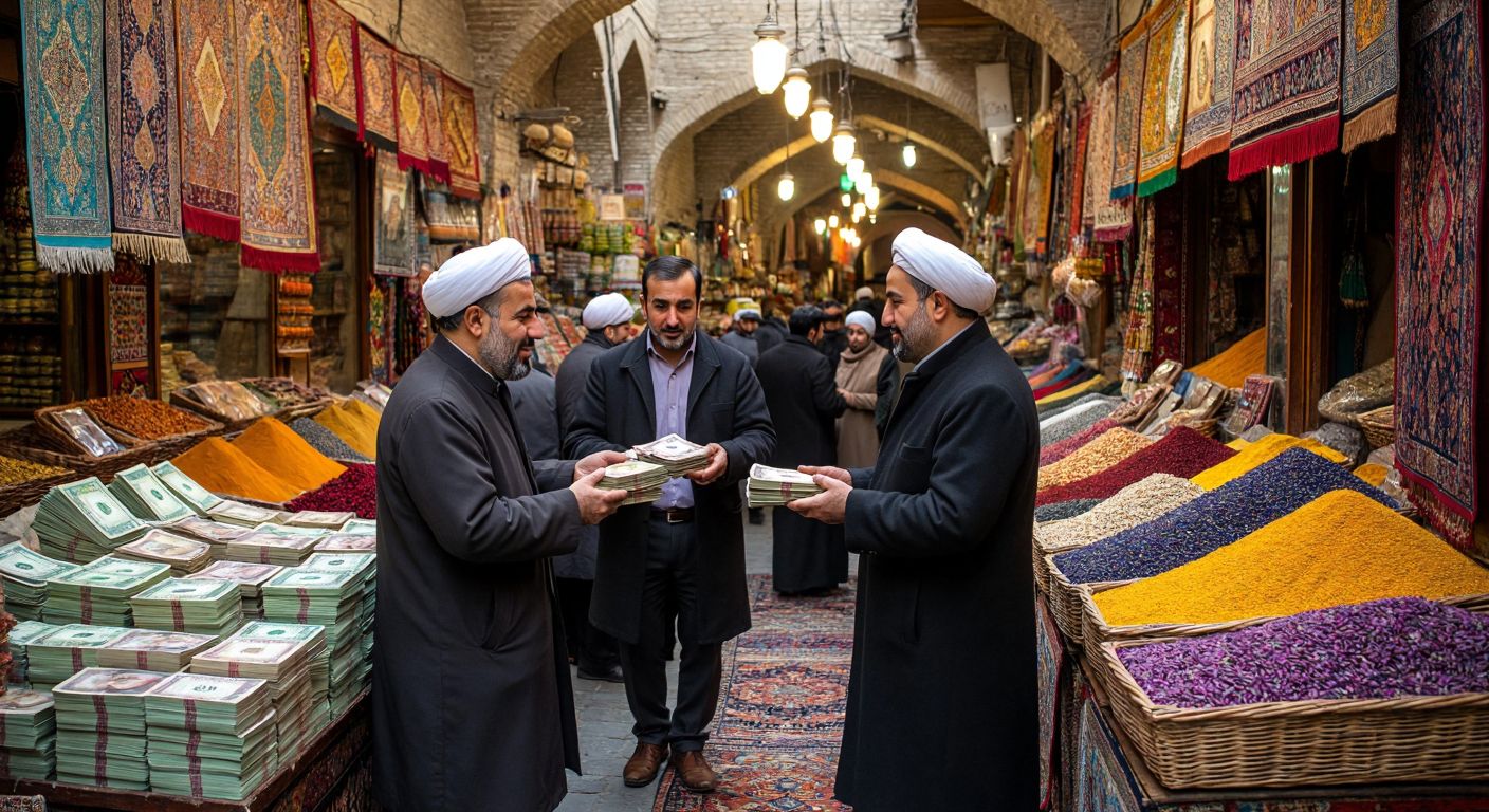 A bustling Iranian bazaar with merchants exchanging colorful stacks of Riyal and Tümen banknotes, while diverse groups converse animatedly in Farsi, Turkish, and Kurdish amidst vibrant spice stalls and woven carpets.