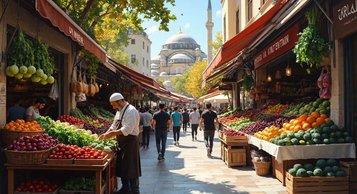 A bustling Turkish marketplace with a vendor arranging fresh organic produce, a modern fitness center with people exercising, and a cozy café serving steaming cups of Turkish coffee, all under a bright sunlit sky.