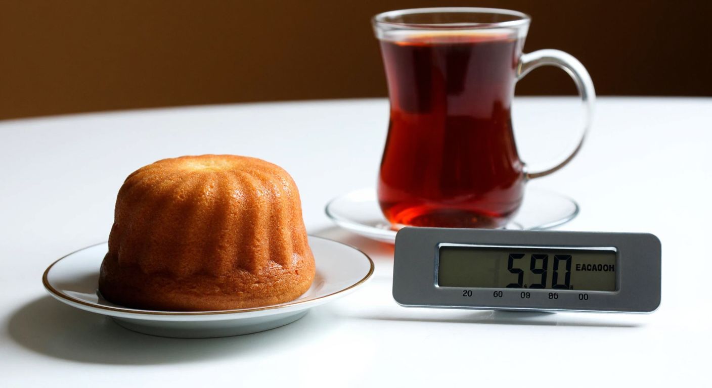 A golden-brown popkek (sponge cake) sits on a small plate next to a measuring scale set to 60 grams, with a warm Turkish tea in the background, evoking a cozy home setting.