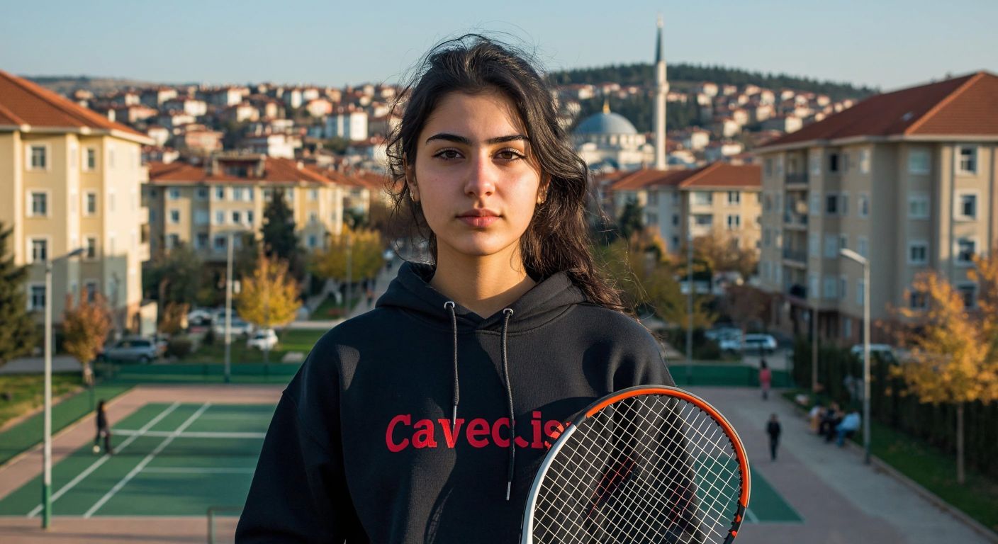 A young woman with dark hair, wearing a university sweatshirt and holding a tennis racket, stands confidently in a bustling Turkish cityscape with Düzce University in the background.