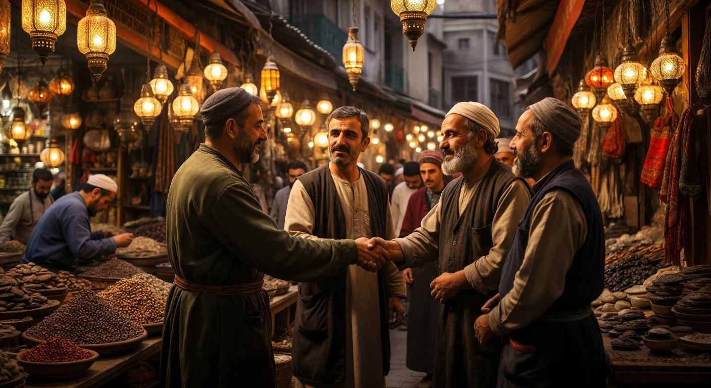 A group of Turkish artisans in a bustling bazaar, dressed in traditional work attire, shaking hands and discussing passionately under the warm glow of hanging lanterns.