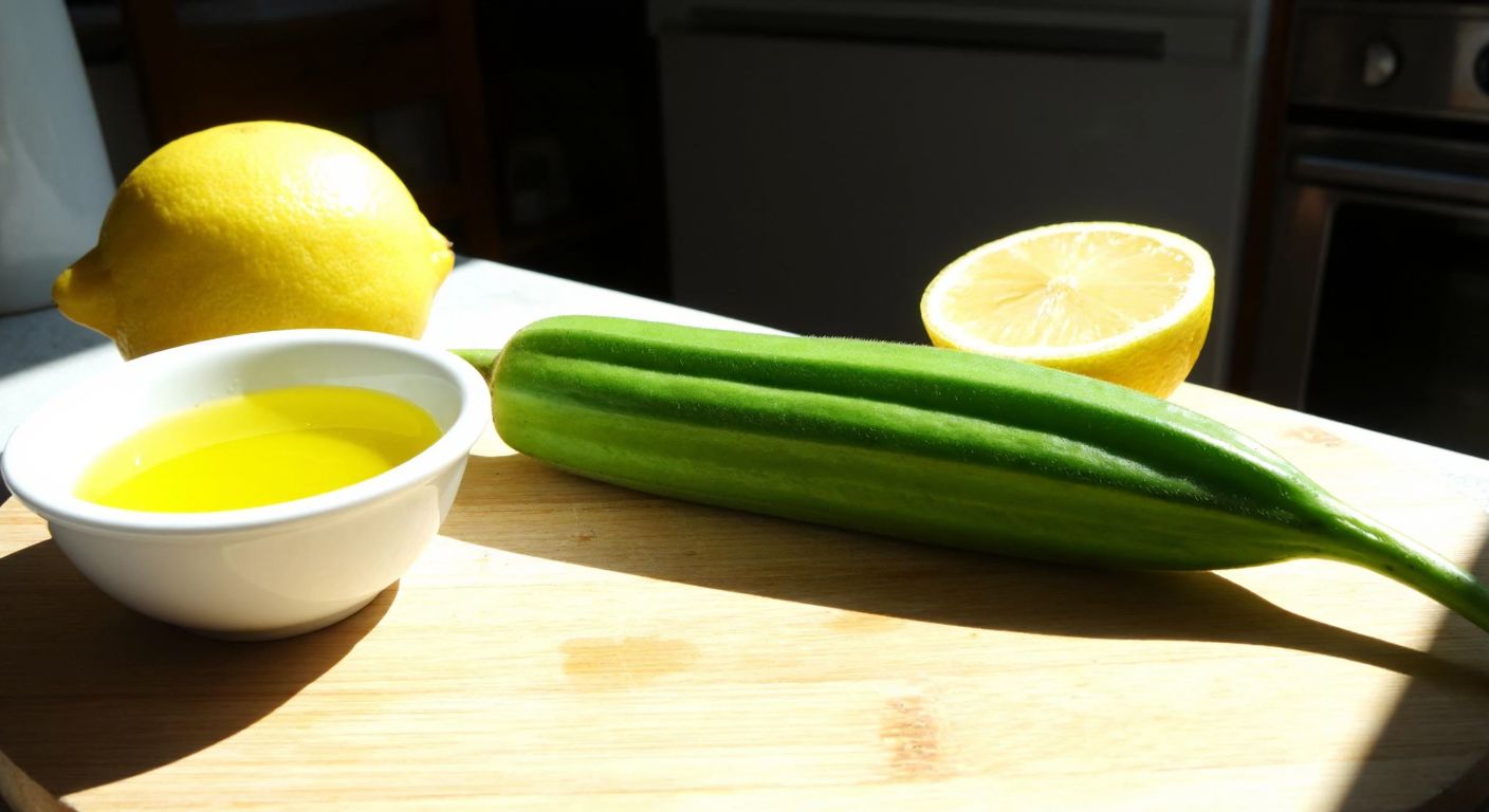 A vibrant green okra pod resting on a wooden cutting board next to a fresh lemon and a small bowl of vinegar, with a sunlit Turkish kitchen in the background.