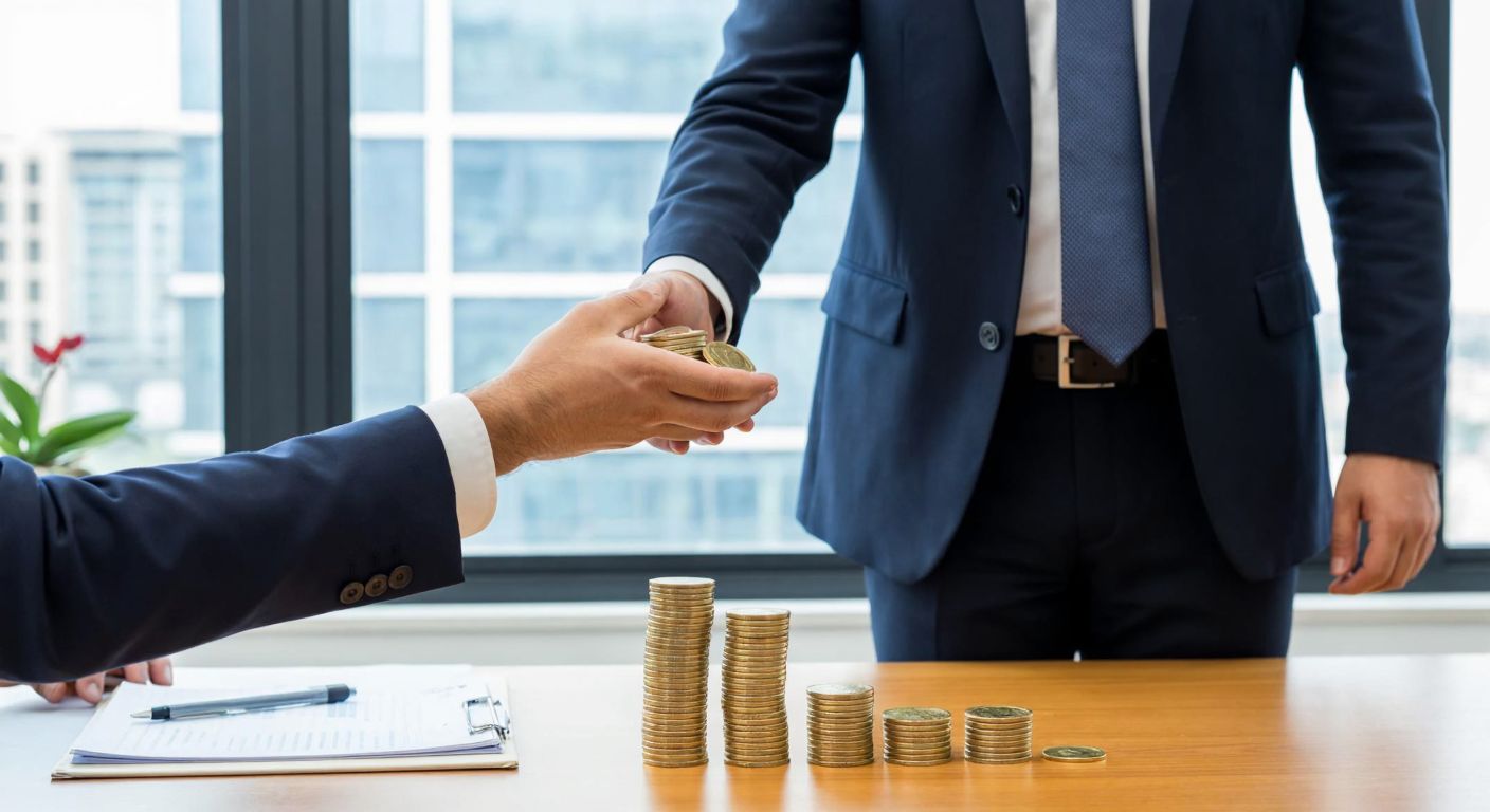 A Turkish businessman in a formal suit hands a stack of gold coins to a banker across a wooden desk in a modern Istanbul office, symbolizing debt repayment.