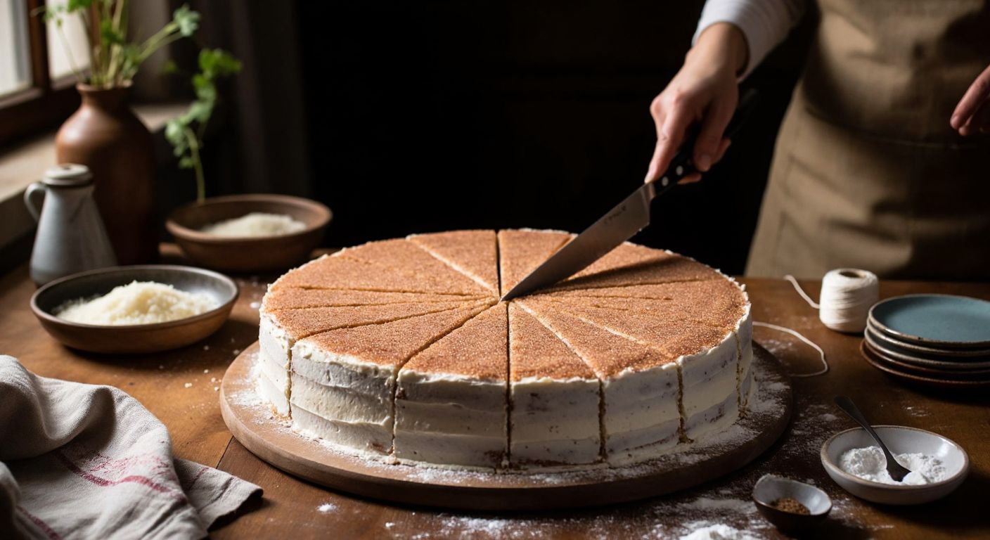 A round, frosted cake sits on a wooden table in a Turkish kitchen, with a sharp knife slicing it into triangular wedges from the center, while a spool of thread rests nearby for an alternative cutting method.