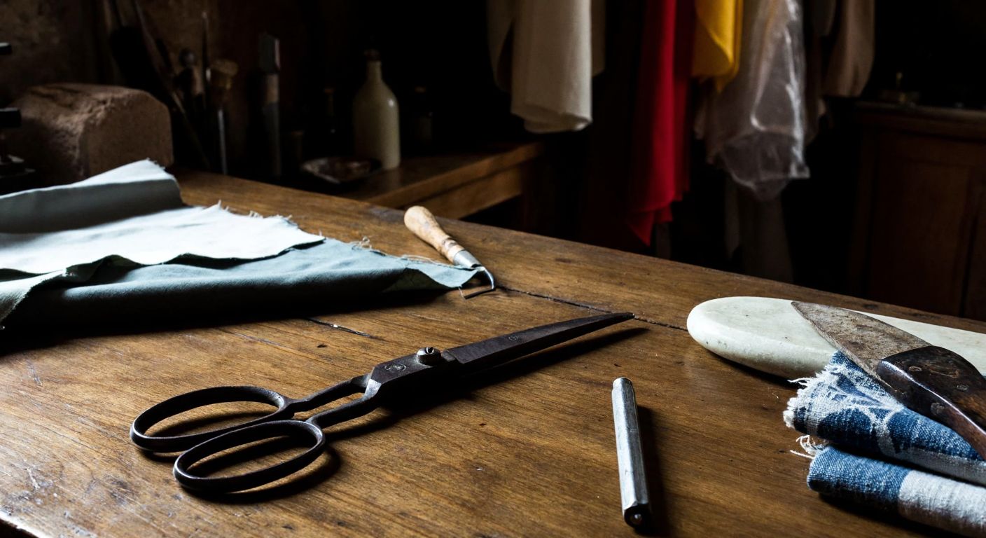 A pair of rusted iron scissors lies on a wooden table in a dimly lit Turkish tailor's workshop, surrounded by fabric scraps and a whetstone.