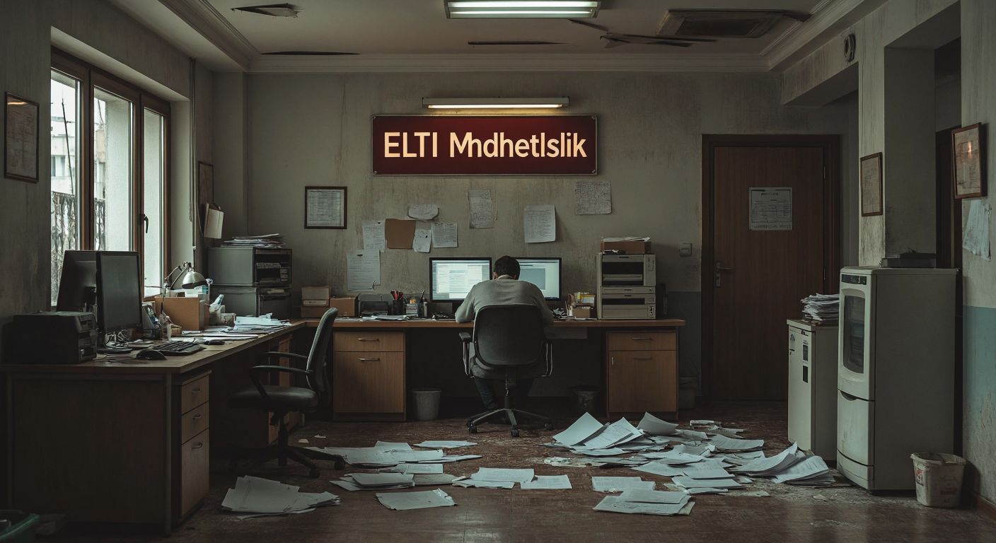 A dimly lit, empty office in Istanbul with scattered papers, a dusty "Elit Mühendislik" sign on the wall, and a lone engineer sitting at a desk with his head in his hands, surrounded by unplugged computers and gas heating equipment.