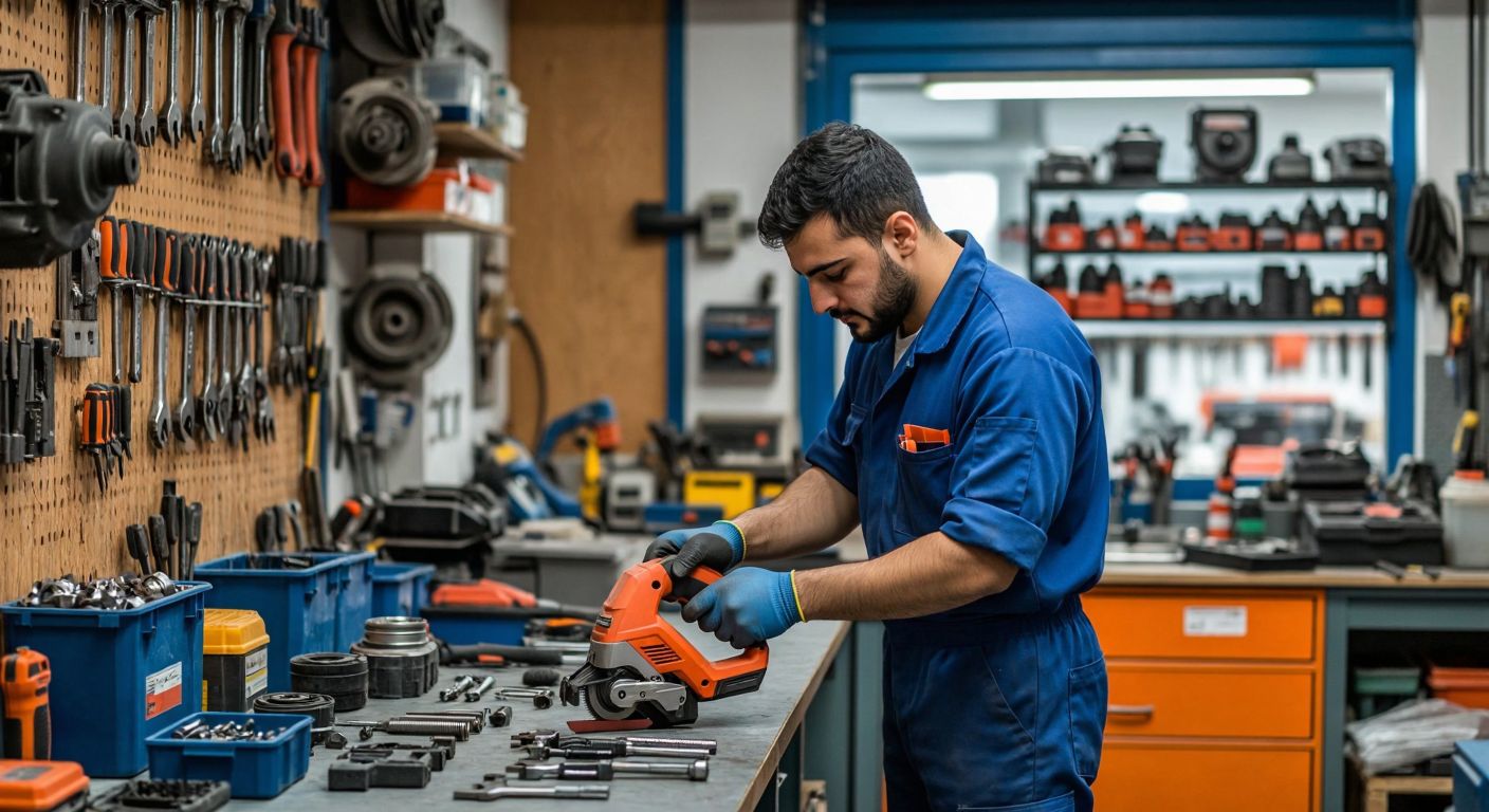 A skilled Turkish technician in a blue work uniform carefully repairs a power tool in a well-organized Ankara workshop, surrounded by neatly arranged tools and spare parts, with a satisfied customer watching nearby.