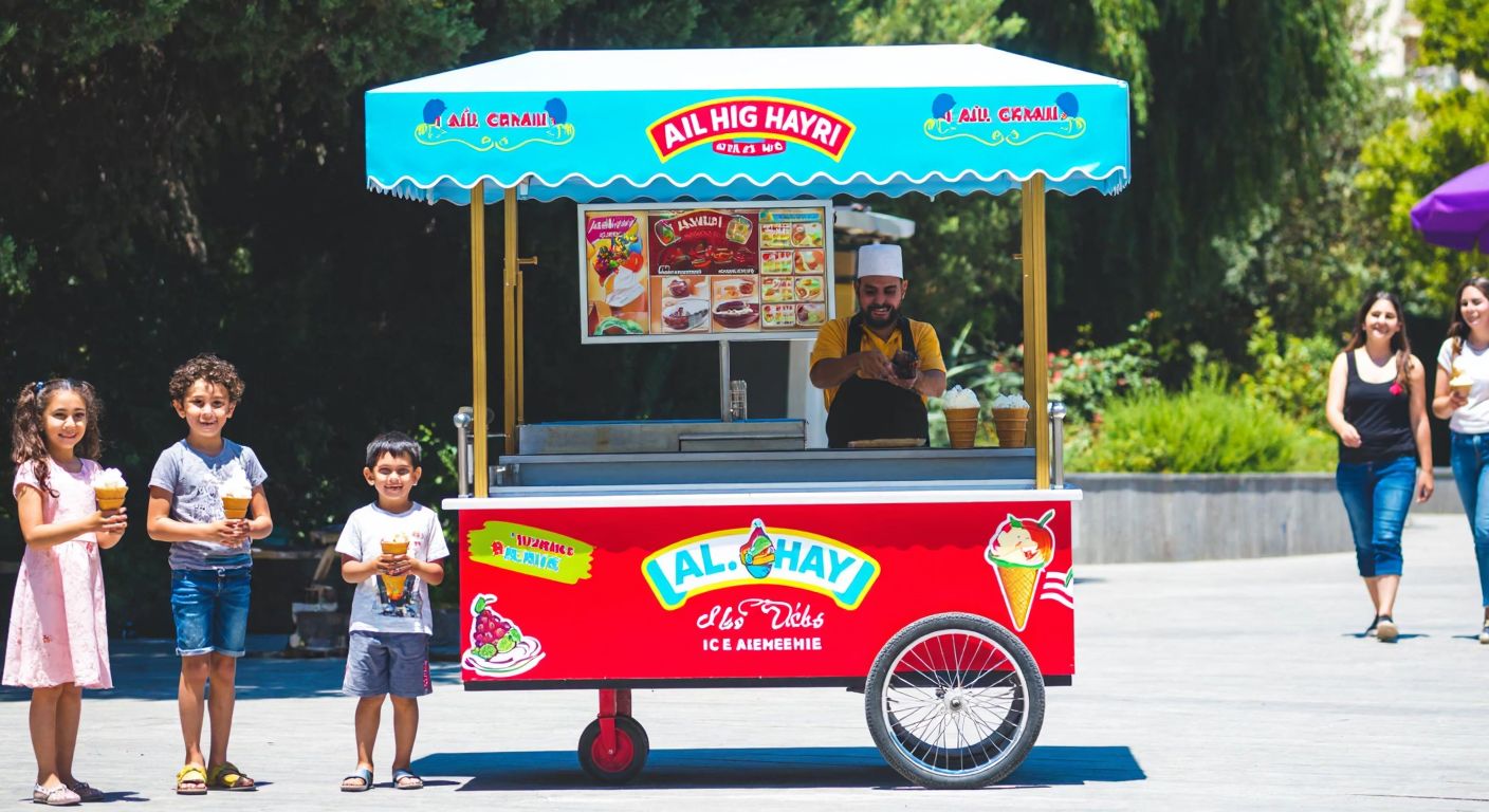 A vibrant Turkish ice cream cart with colorful Al-Haydâ branding, surrounded by smiling children holding cones under a sunny sky.