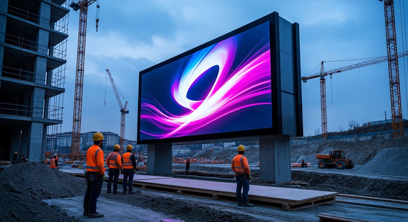 A sleek, modern construction site in Istanbul with workers in hard hats standing near a large, glowing digital billboard displaying a dynamic, abstract logo transition, reflecting curiosity and corporate evolution.