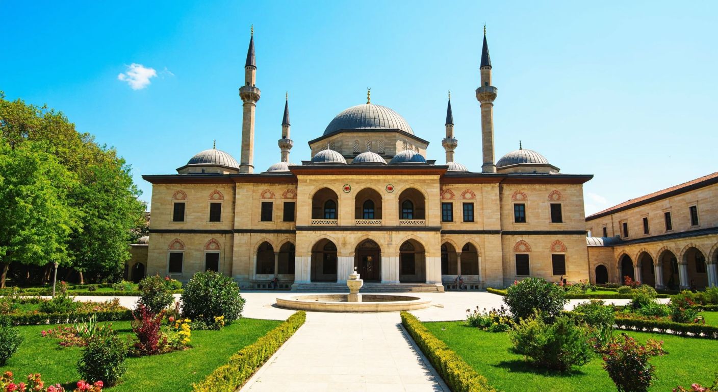 A grand Ottoman-style university building with domed roofs and arched windows, surrounded by lush gardens, under a bright blue sky, symbolizing the historical and cultural legacy of the institution.