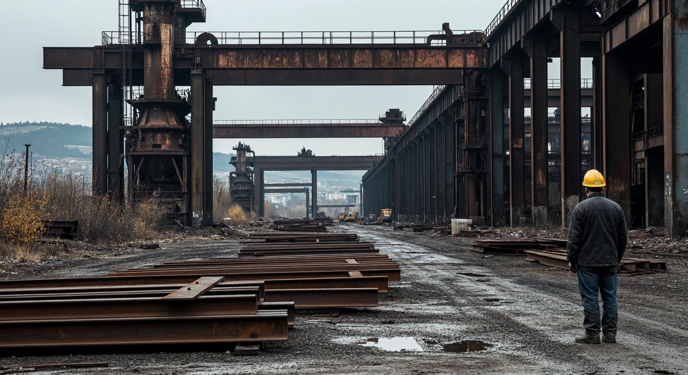 A somber industrial landscape in Turkey with abandoned steel machinery, rusted metal beams, and a lone worker in a hardhat looking downcast amidst the economic collapse.