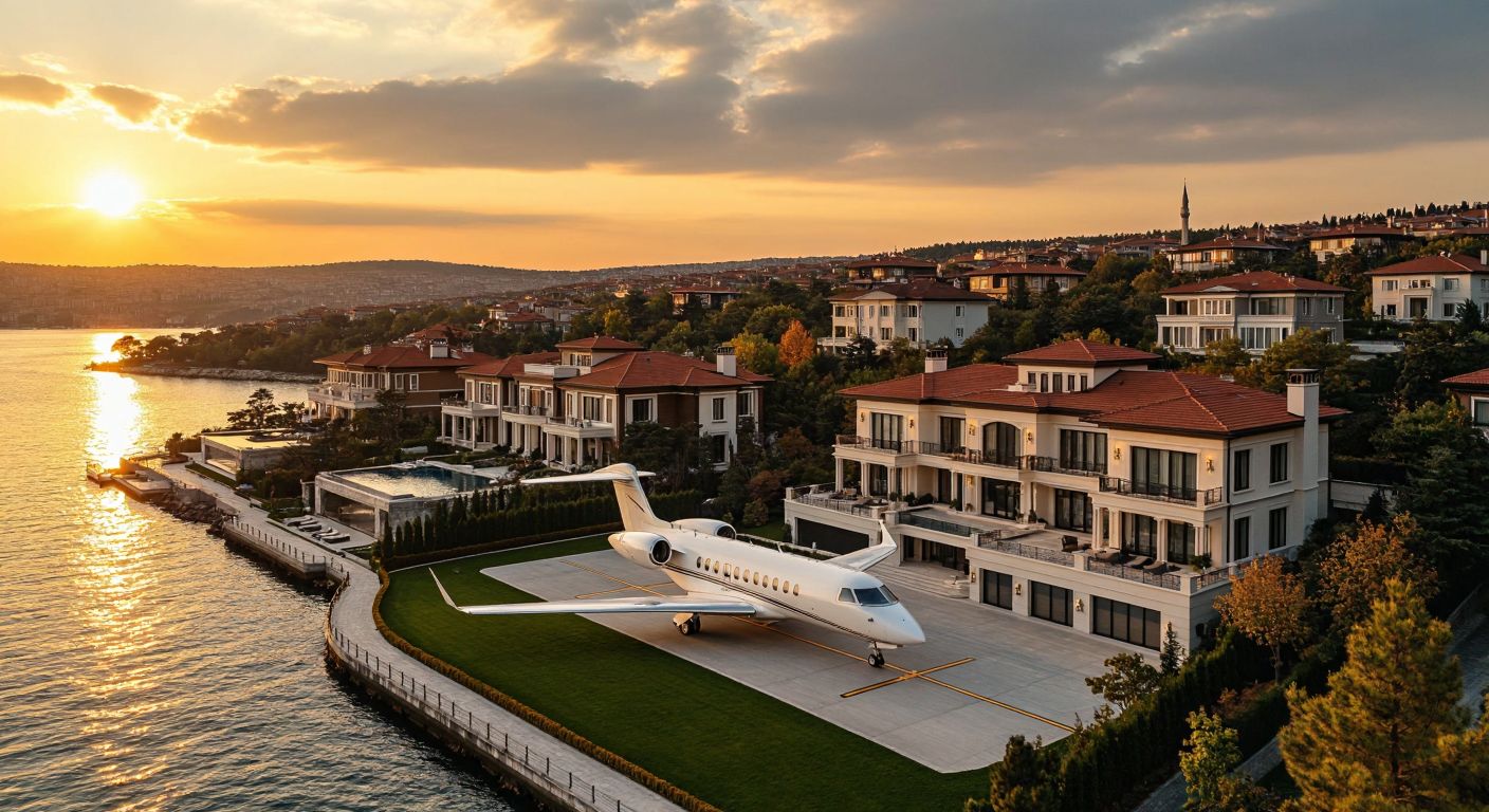 A grand waterfront mansion in Istanbul’s Kanlıca district, a sleek private jet on a tarmac, and a modern apartment complex in Büyükçekmece, all under a golden sunset, symbolizing immense wealth and luxury.