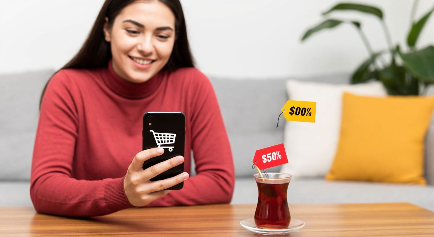 A young Turkish woman in a cozy home setting, smiling while holding her phone with a shopping cart icon on the screen, surrounded by colorful discount tags and a steaming cup of Turkish tea on a wooden table.