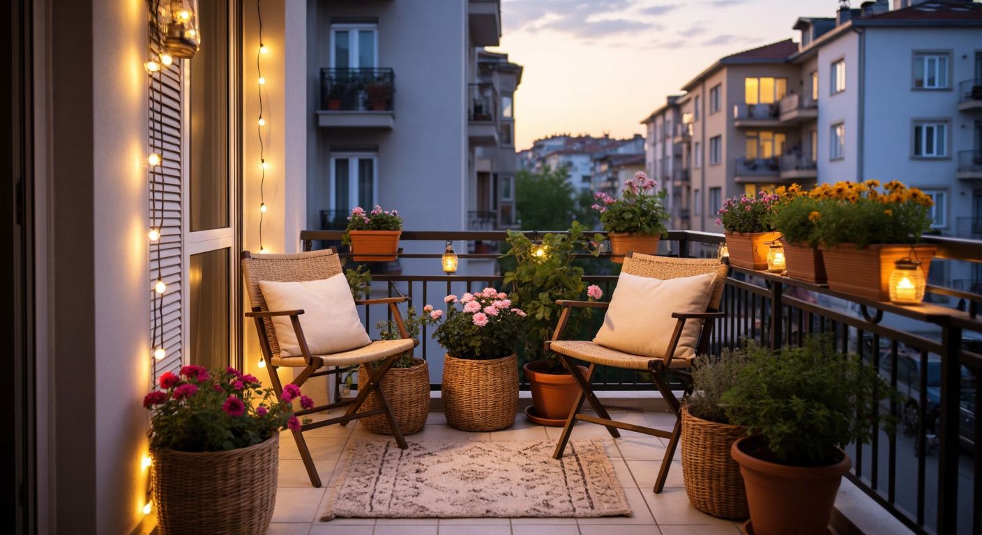 A cozy, small Turkish balcony with foldable wall-mounted furniture, warm LED string lights, vibrant potted flowers, woven storage baskets, and light-colored tiles, overlooking a narrow Istanbul street.
