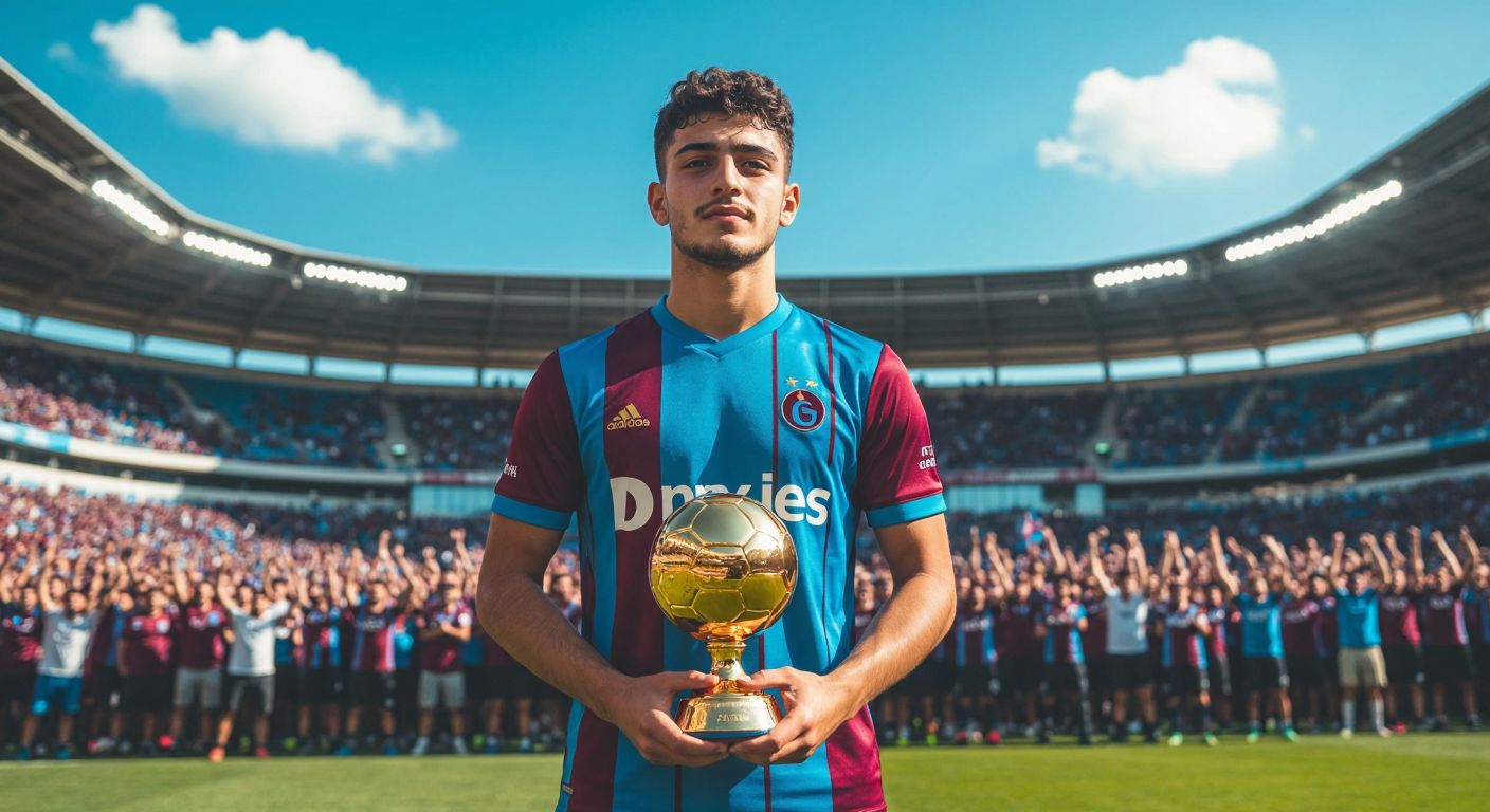 A young Turkish footballer in a Trabzonspor jersey stands confidently on a sunlit soccer field, holding a golden trophy while fans cheer in the background.