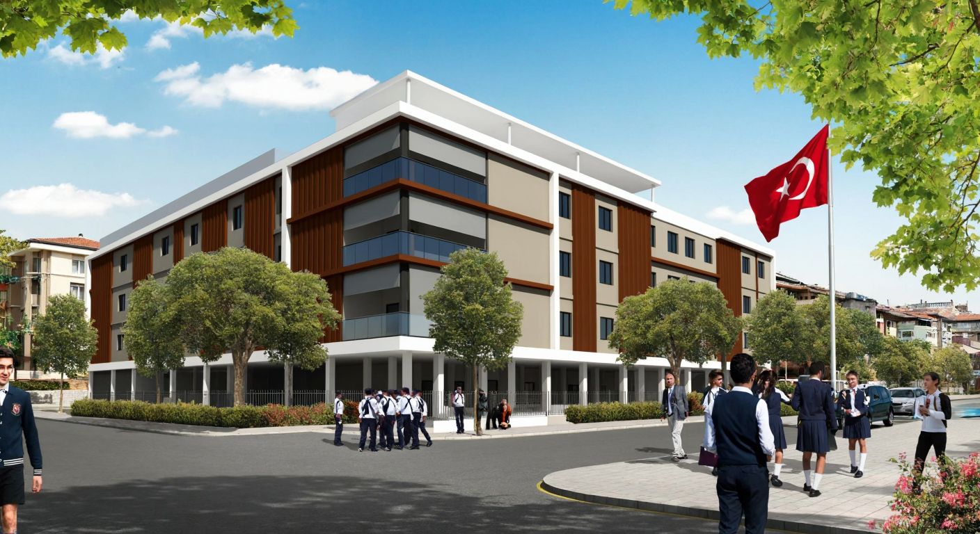 A modern, multi-story school building with a Turkish flag waving in front, nestled in a bustling Istanbul neighborhood with students in uniforms chatting near a tree-lined sidewalk.
