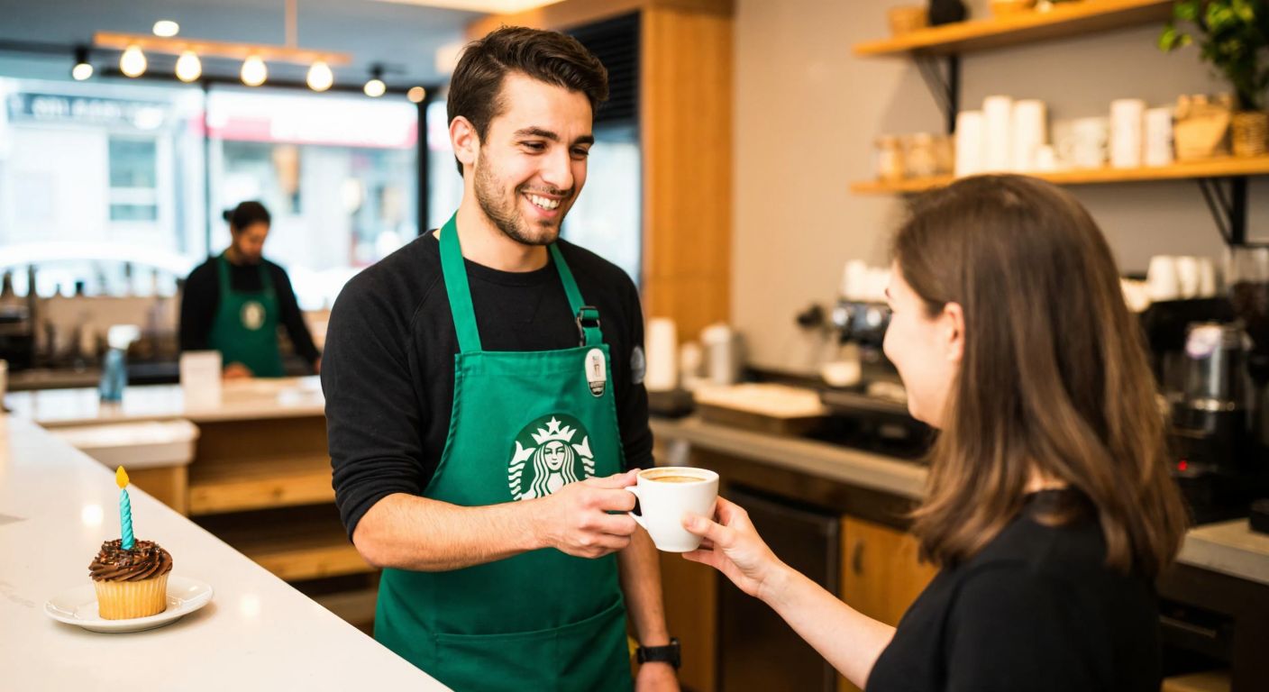A smiling barista in a green Starbucks apron hands a steaming cup of coffee to a delighted customer in a cozy Turkish café, with a birthday cupcake on the counter nearby.