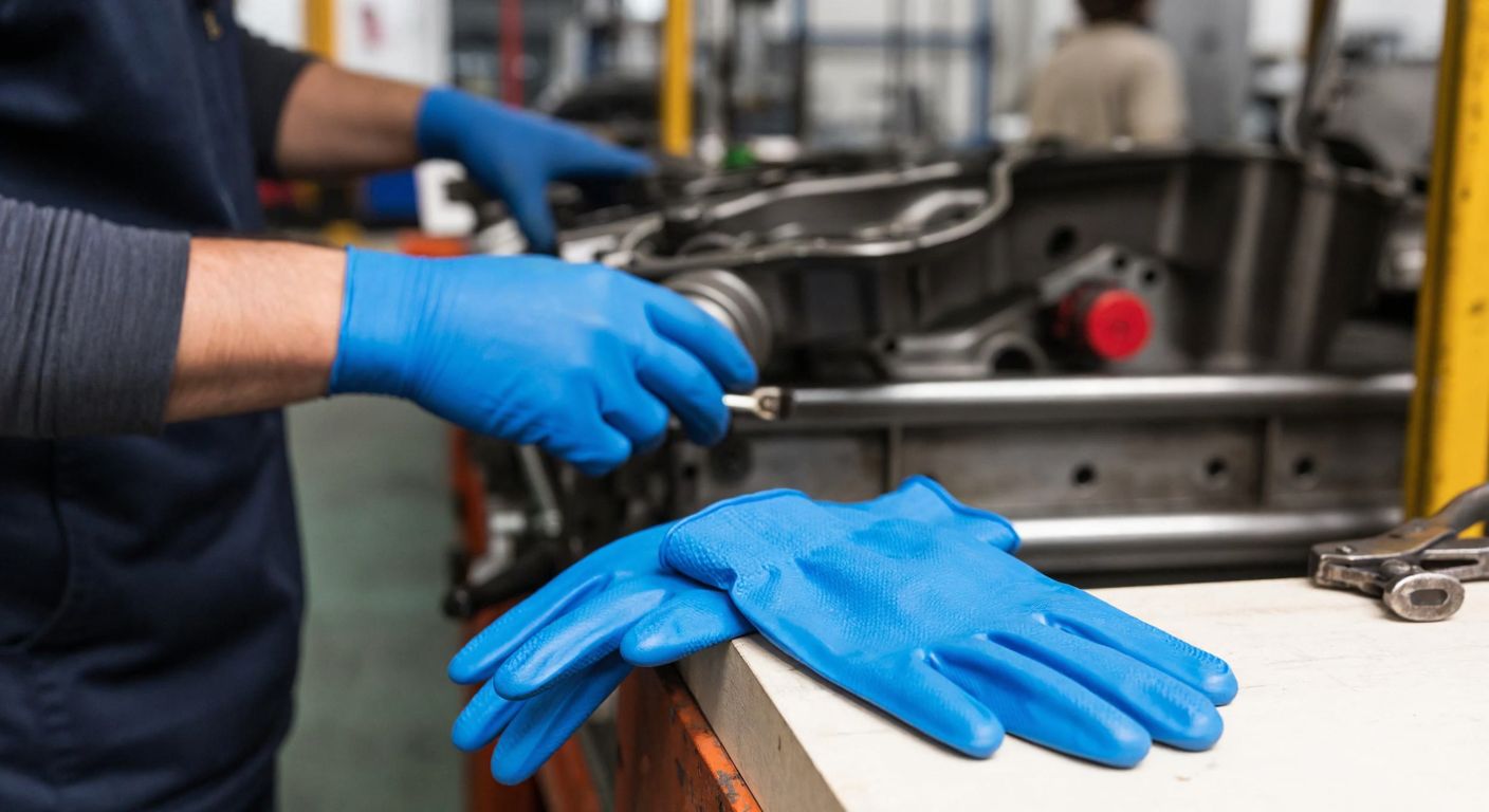 A sturdy pair of blue nitrile gloves rests on a workbench in a bustling Turkish industrial workshop, surrounded by tools and machinery, with a worker in the background wearing similar gloves while assembling a car part.