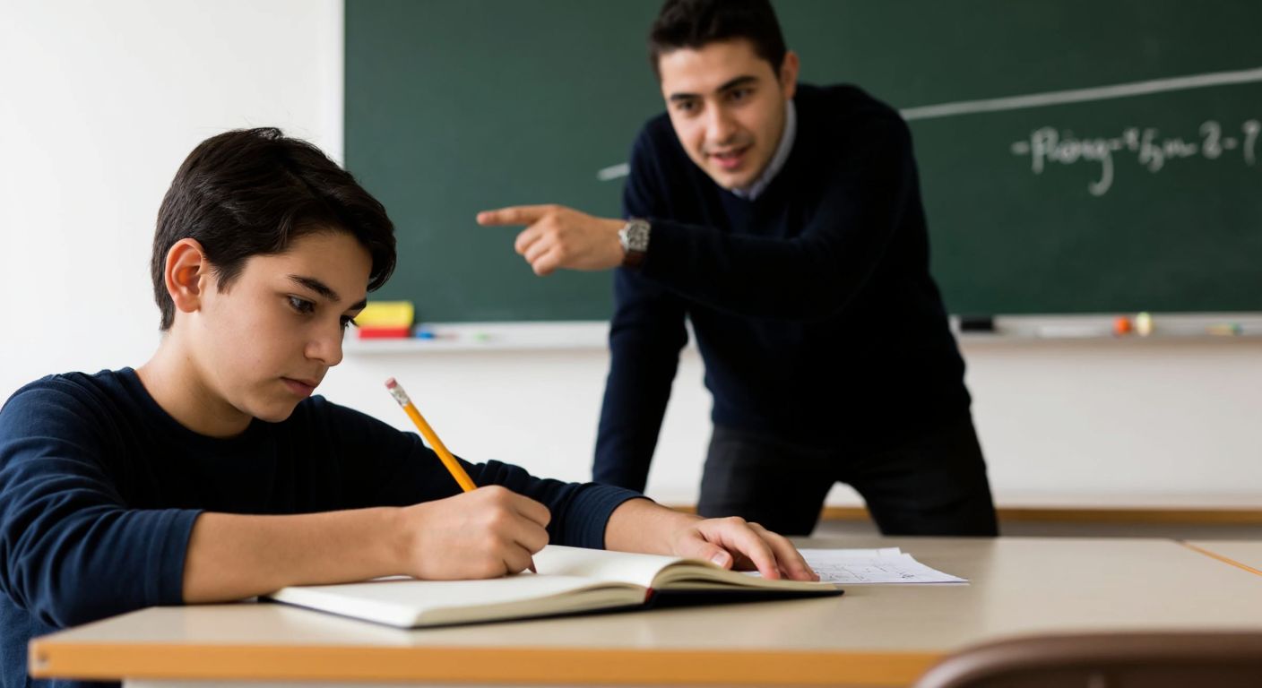A focused Turkish student in a classroom setting, writing mathematical equations on a notebook with a pencil, while a teacher points to a chalkboard displaying a piecewise function graph.