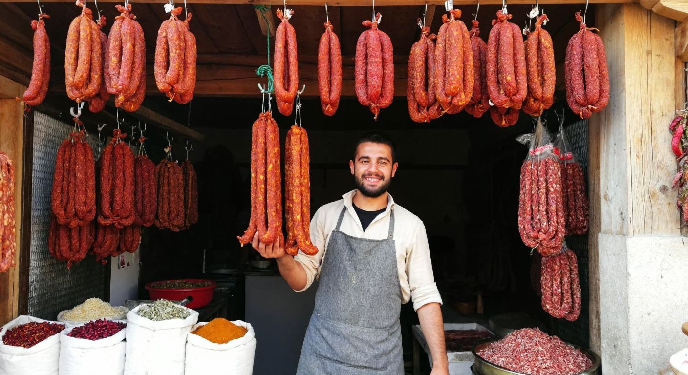 A rustic butcher shop in Bolvadin, Afyonkarahisar, with strings of spicy sucuk hanging from wooden beams, a smiling butcher in an apron holding a fresh batch, and sacks of spices in the background.