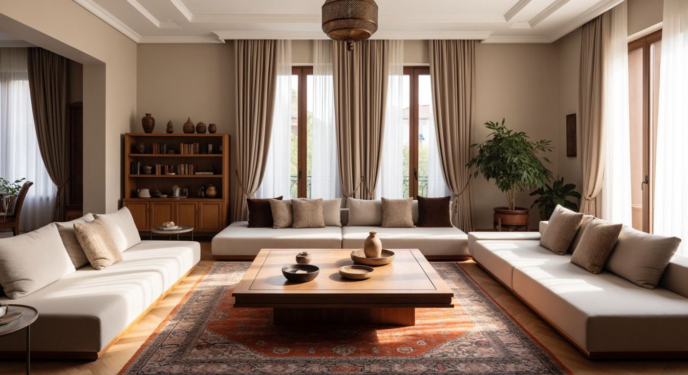 A bright Turkish living room with light-colored walls and long curtains, featuring a rectangular coffee table centered on a patterned rug, surrounded by low sofas and a wooden bookshelf dividing the space.