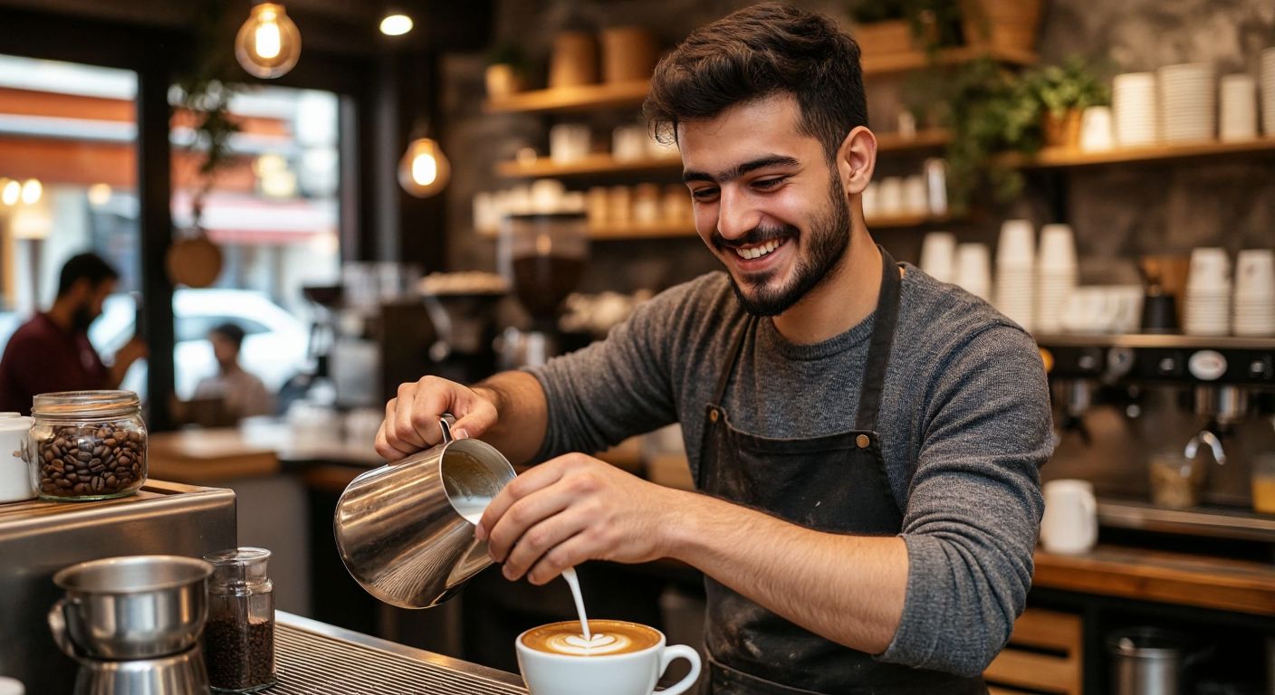 A young Turkish barista with a warm smile expertly pours steamed milk into a rich espresso, creating delicate latte art in a cozy Istanbul café filled with the aroma of freshly ground coffee beans.