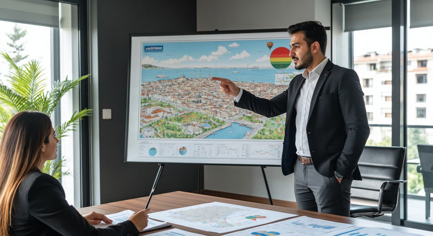A well-dressed Turkish real estate agent in a modern office points at a large map of Istanbul while reviewing property listings and financial charts with a client.