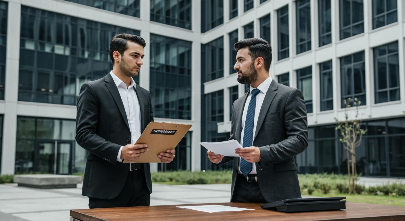 A Turkish businessman in a formal suit stands pensively in front of a modern office building, holding a folder labeled "Company Assets," while a bank representative in a sharp suit gestures toward a document on a wooden desk, symbolizing financial responsibility and legal consultation.