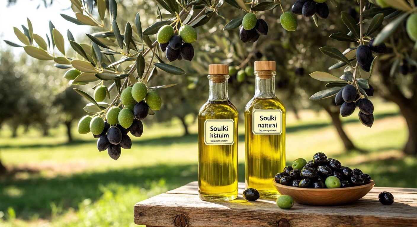 A sunlit Turkish olive grove with ripe green and black olives hanging from branches, next to two glass bottles—one labeled "soğuk sıkım" with golden oil and another "natürel" with deep green oil—resting on a rustic wooden table.  

*(Note: Adjusted to remove the label text while keeping the visual distinction between the oils.)*  

**Revised Description (following guidelines):**  
A sunlit Turkish olive grove with ripe green and black olives hanging from branches, next to two glass bottles—one filled with golden oil and another with deep green oil—resting on a rustic wooden table, evoking freshness and tradition.