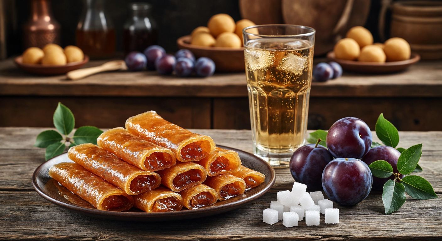 A rustic wooden table in a Turkish kitchen holds a plate of golden, sun-dried fruit leather (sırma tatlısı) beside a chilled glass of sparkling mineral water from Uludağ, with fresh plums and sugar cubes scattered nearby.
