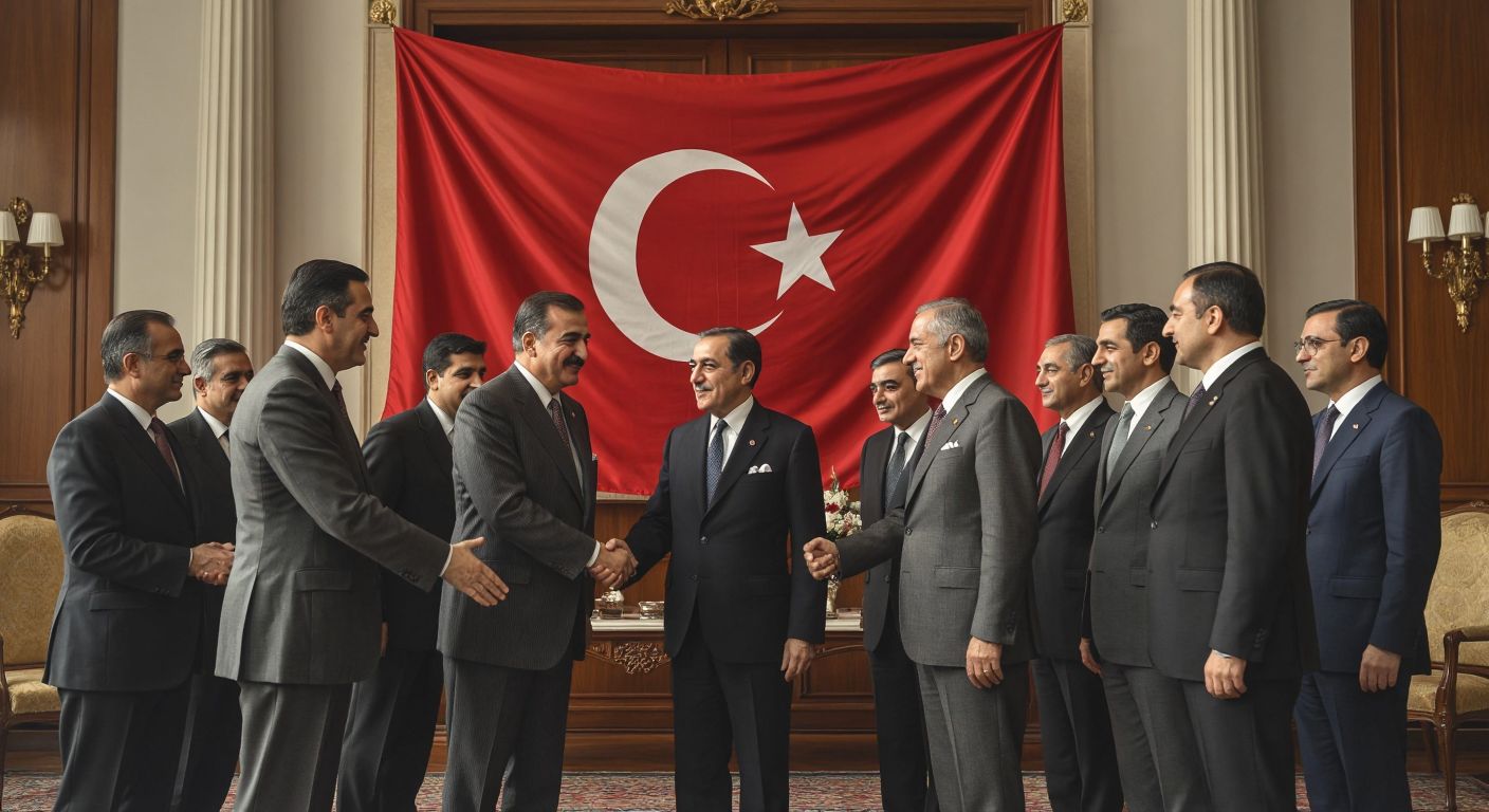 A dignified group of mid-20th century diplomats in Ankara, shaking hands warmly under a grand Turkish flag, symbolizing Turkey's founding membership in the OECD.