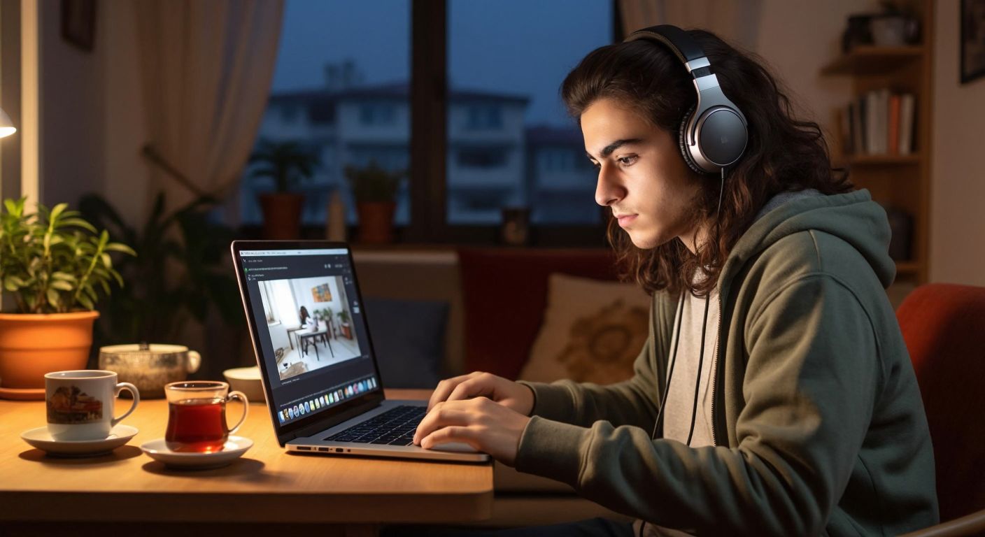 A young Turkish student in a cozy Ankara apartment, wearing headphones and intently focusing on a laptop screen displaying a virtual classroom, with a steaming cup of Turkish tea beside them.