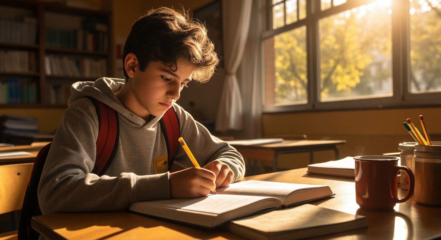 A focused Turkish middle-school student with a determined expression sits at a wooden desk in a sunlit classroom, carefully reading a printed paragraph while highlighting key phrases with a yellow marker, surrounded by open notebooks and a steaming cup of çay.