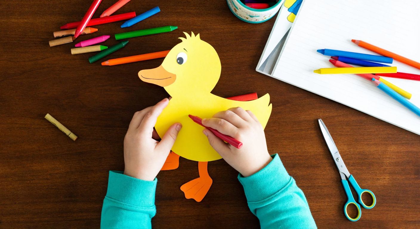 A child’s small hands carefully folding and coloring a yellow paper duck with an orange beak and wings on a wooden table scattered with crayons and scissors.