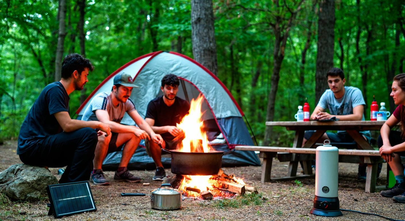 A group of campers in a lush green Turkish forest gather around a crackling campfire, carefully heating a metal pot of water over the flames while a portable gas stove and a solar-powered water heater sit nearby on a wooden picnic table.