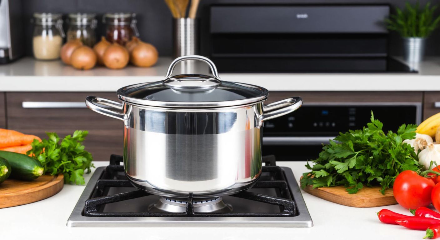 A gleaming stainless steel pressure cooker with a sturdy handle sits on a modern stovetop in a Turkish kitchen, surrounded by fresh vegetables and herbs.
