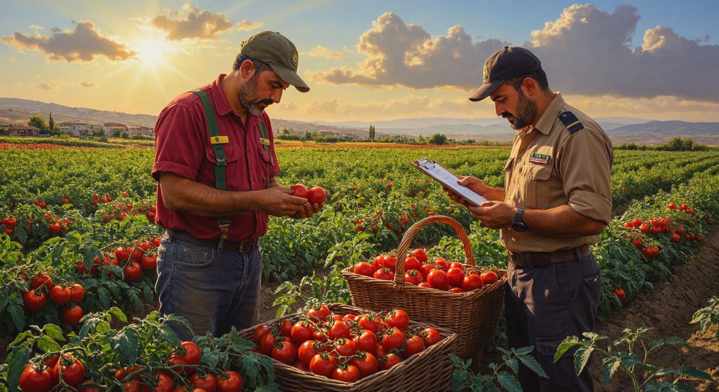 A Turkish farmer in a sunlit field carefully inspecting fresh tomatoes while a government inspector in uniform checks a clipboard nearby, with a basket of vibrant produce between them.