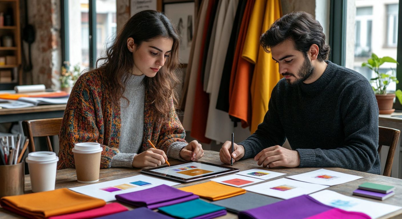A focused Turkish designer in a cozy Istanbul studio sketches vibrant business card designs on a tablet, surrounded by scattered coffee cups and colorful fabric swatches, while a client peers over their shoulder with a thoughtful expression.