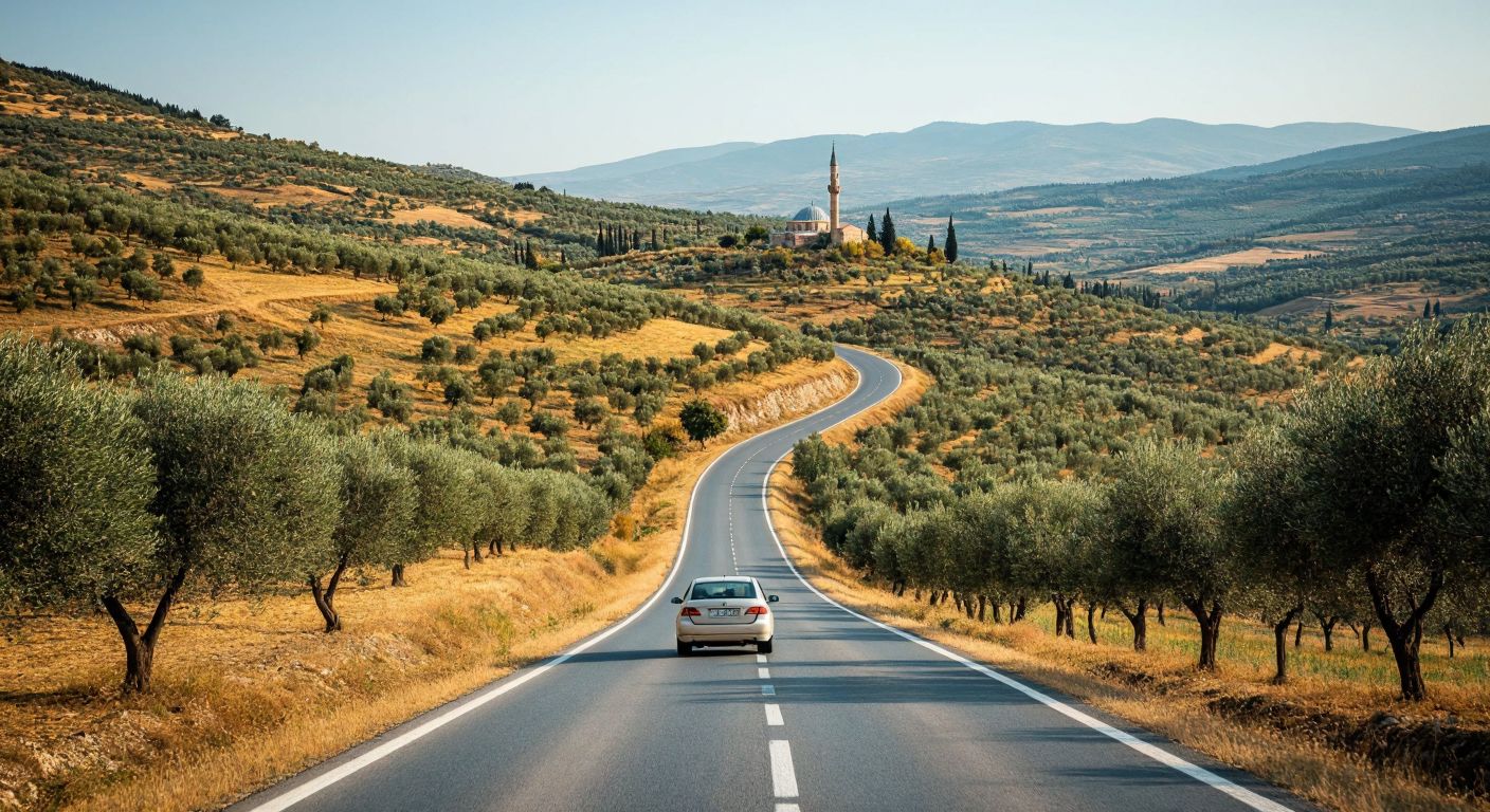 A winding road through the Turkish countryside with a car traveling steadily past rolling hills, olive groves, and a distant minaret, symbolizing the calculation of average speed over distance and time.
