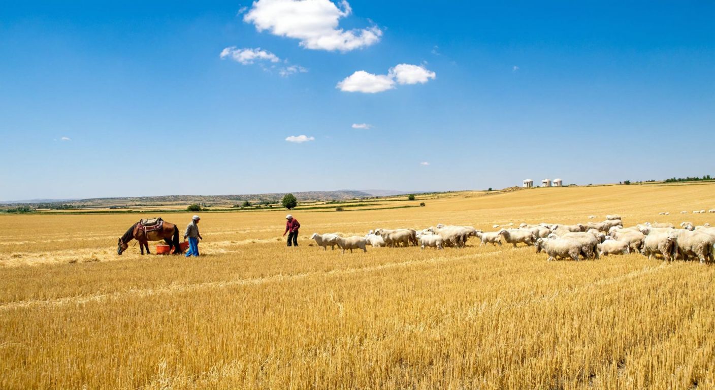 A vast golden wheat field under a bright blue sky in Eskişehir, with farmers in traditional Turkish attire harvesting crops, while Arap horses and Merino sheep graze peacefully nearby.