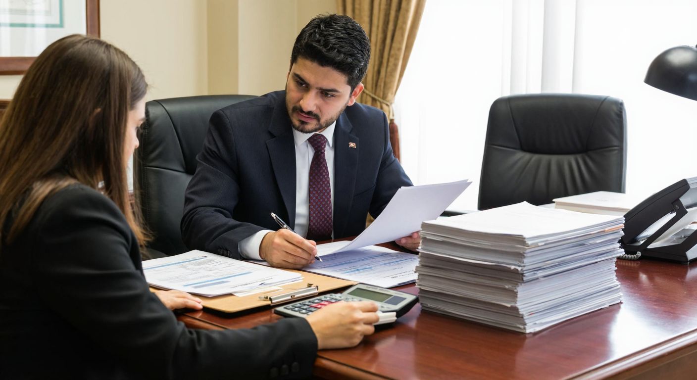 A Turkish tax officer in a formal office setting reviews documents with a concerned citizen, while a stack of neatly organized tax files and a calculator sit on the desk between them.