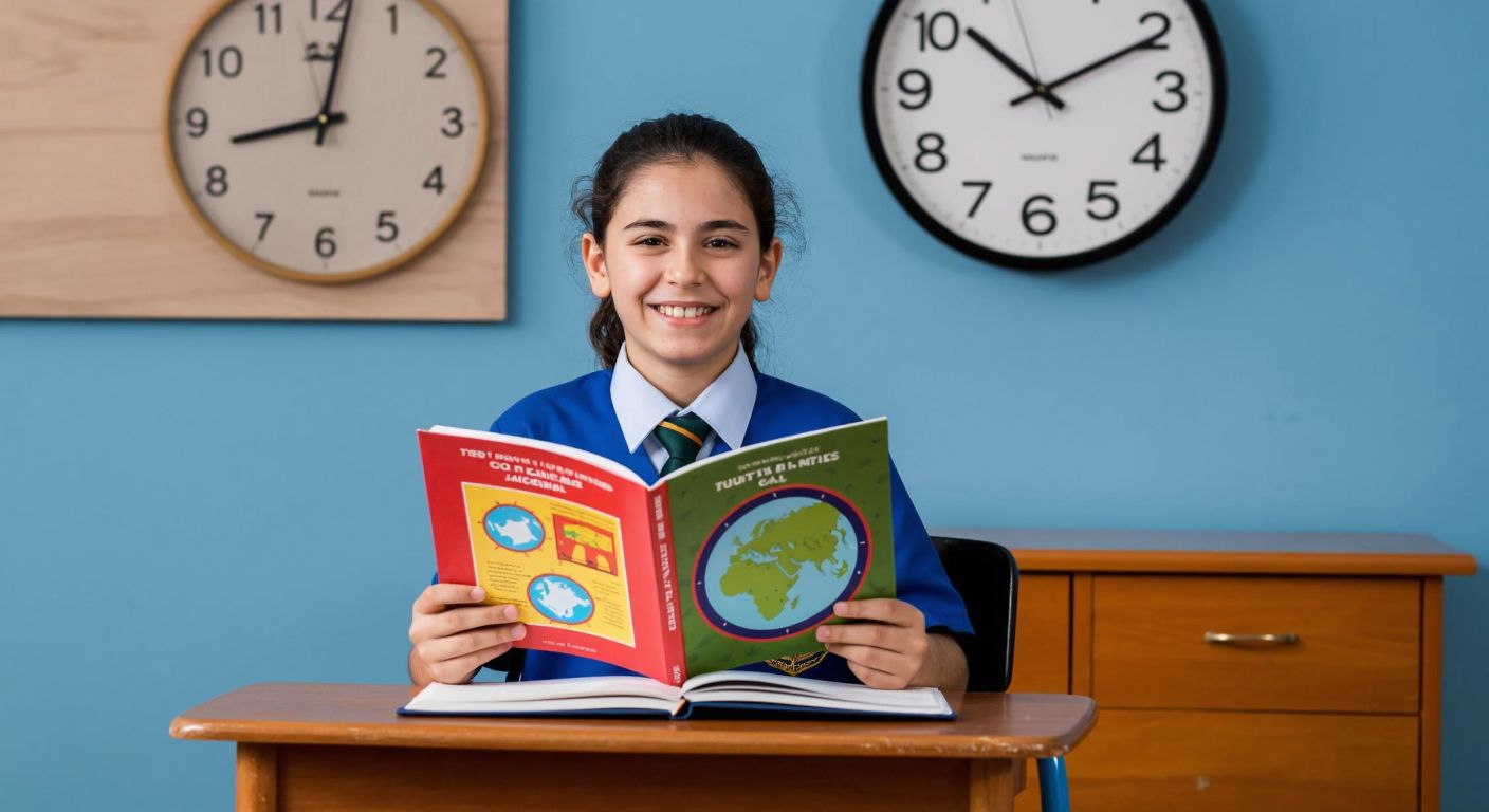 A cheerful Turkish middle school student in a blue uniform sits at a wooden desk, holding a colorful social studies textbook while a wall clock (without numbers) shows three distinct segments of time.