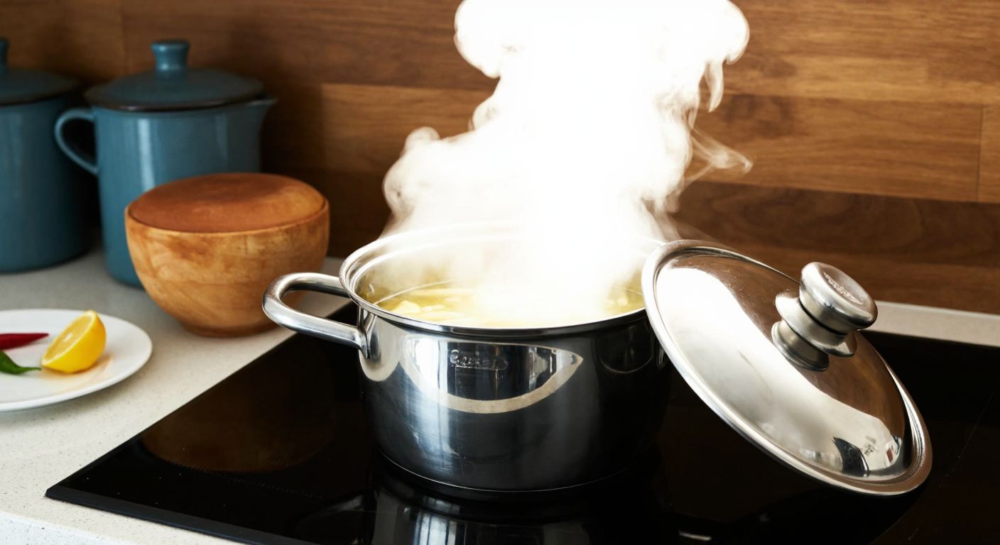A Turkish kitchen counter with a large stainless steel pot filled with simmering water and a smaller heatproof ceramic bowl resting securely on top, steam gently rising between them.