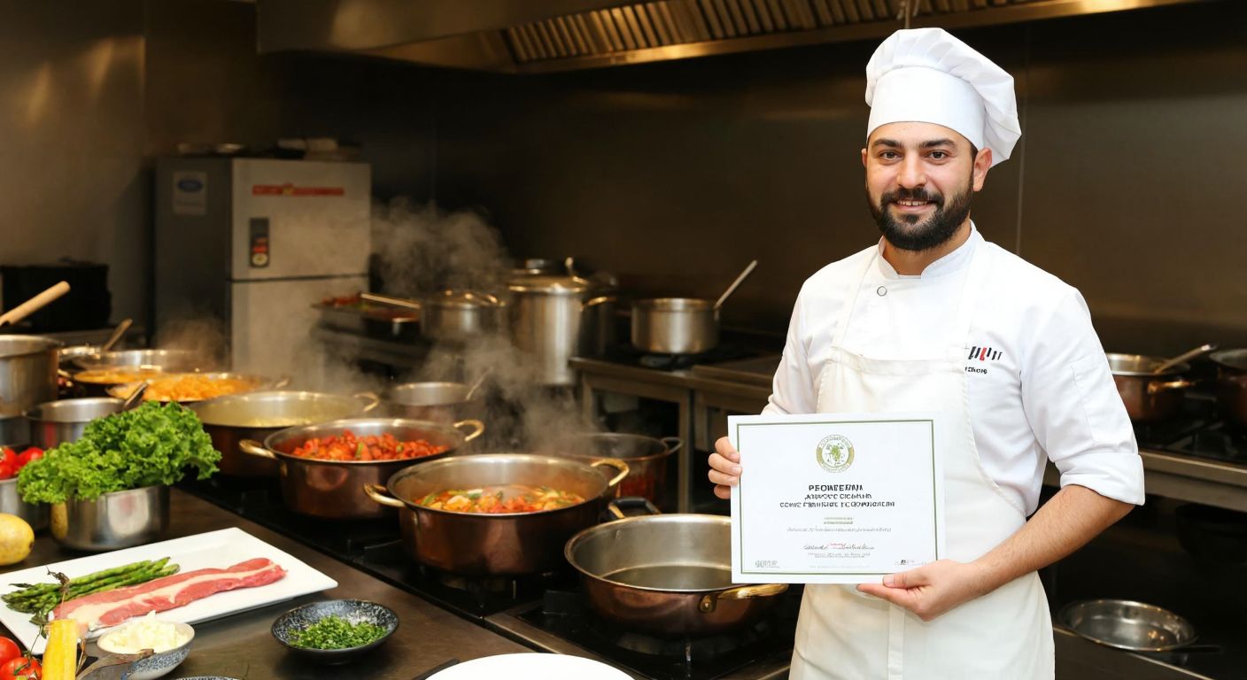 A skilled Turkish chef in a white apron proudly holding a professional certificate while standing in a bustling kitchen filled with steaming pots and fresh ingredients.